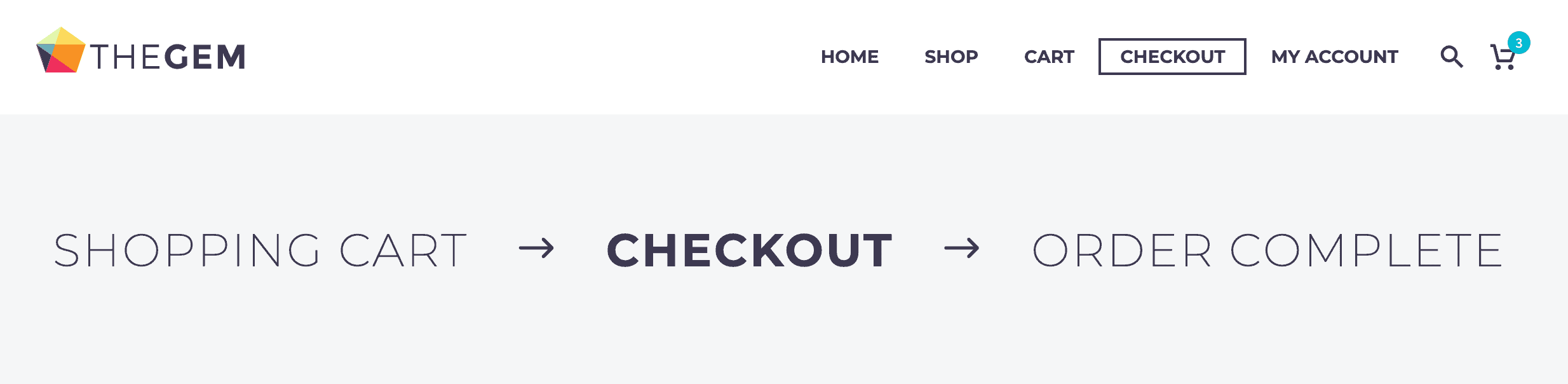 Screenshot of the checkout progress bar section from the theme The Gem as displayed on the checkout page.