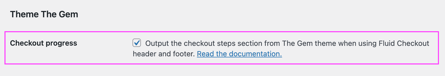 Screenshot of the checkout progress section options for Them Gem theme in the Fluid Checkout integration settings.