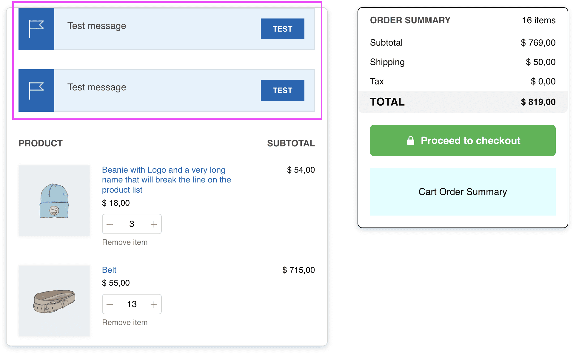 Screenshot of the cart page showing duplicate cart messages from the plugin YITH WooCommerce Cart Messages Premium.