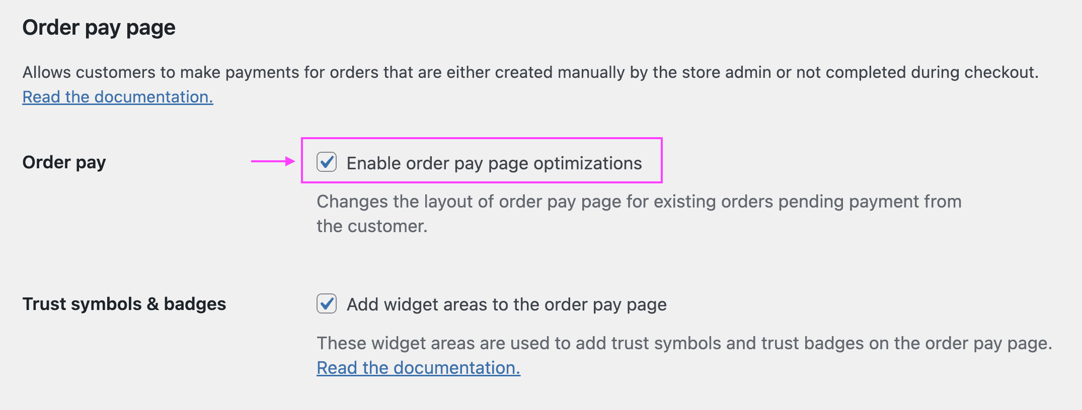 Screenshot showing the order pay page settings, with the option to enable the feature highlighted.