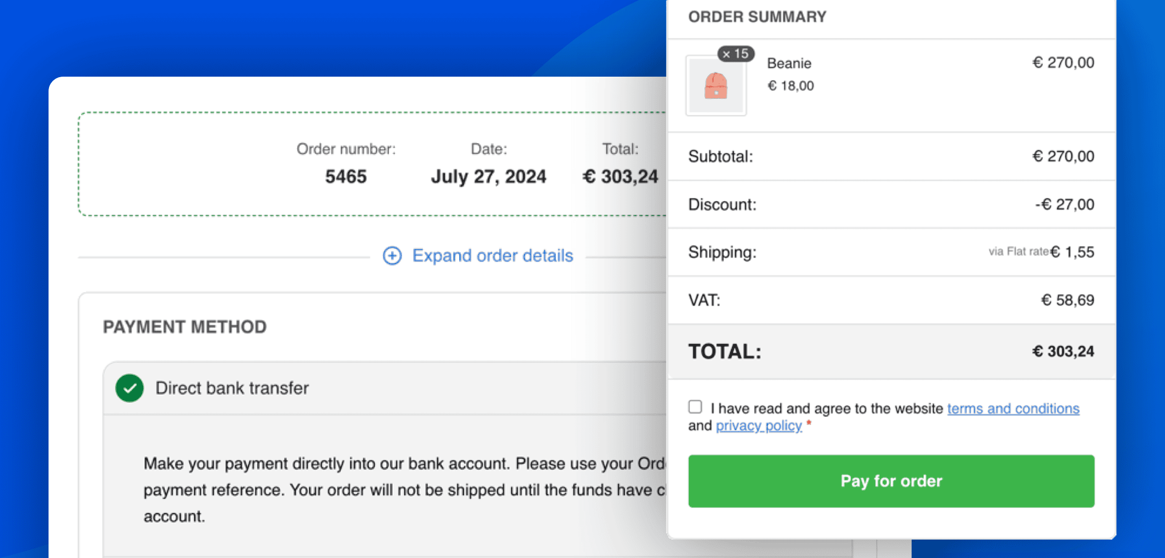 Screenshot of the order pay sections and the order summary section for the order pay page.