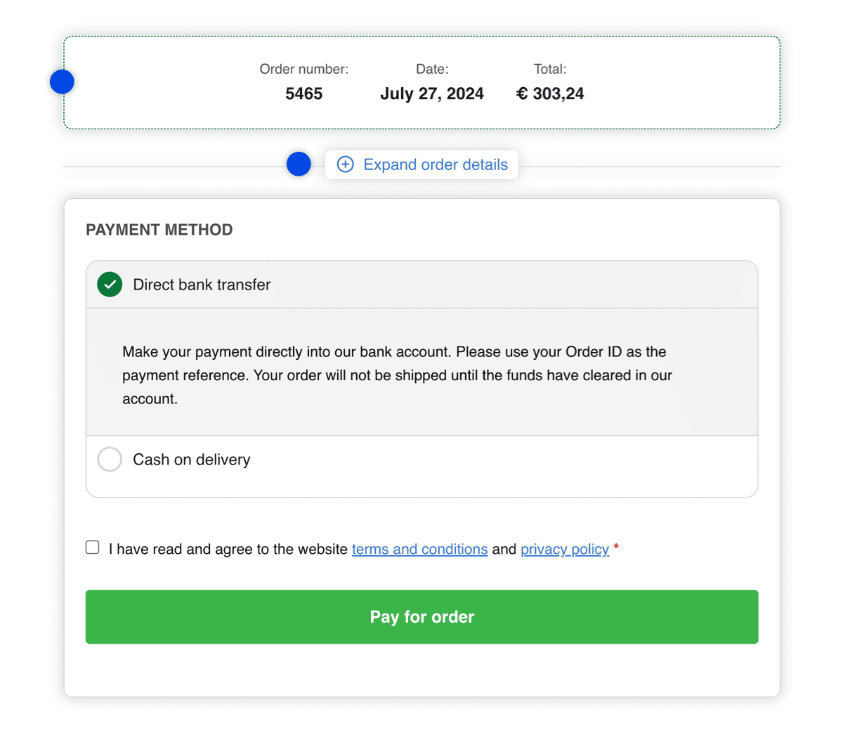 Order pay page with overview, payment methods, and place order sections