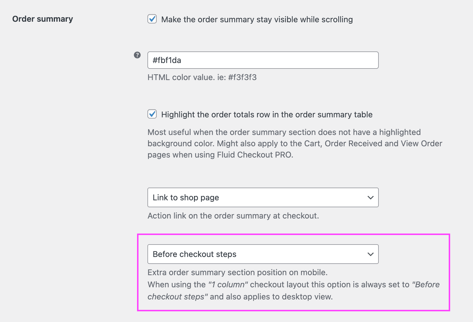 Screenshot of the order summary options, highlighting the order summary position option for mobile.