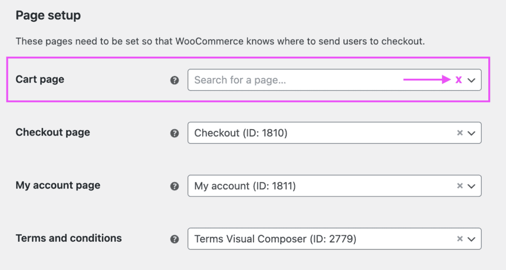 Screenshot of the WooCommerce page setup settings with the cart page option empty.