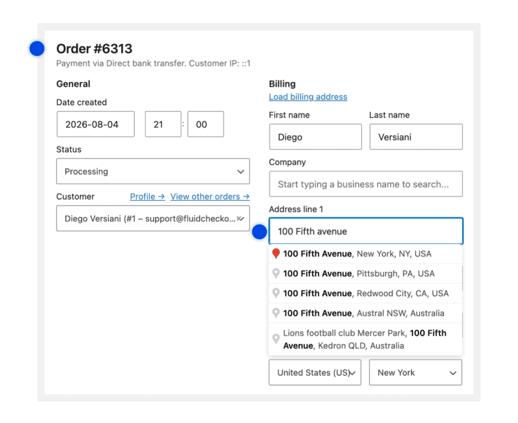 Shows the address autocomplete feature on the admin edit order pages.